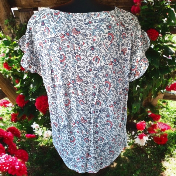 LOFT Mixed Fabric Ruffled Sleeves Butterflies & Floral Print Blouse - Picture 3 of 10